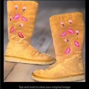 UGG Chestnut Suede Mid-Calf Boots with Pink Floral Embroidery